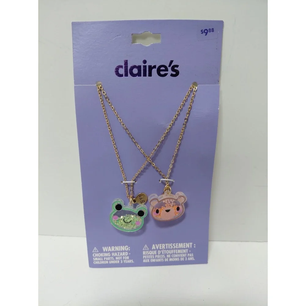 Claire's BFF Frog and Bear Glitter Filled‎ Charm Necklace Set NEW